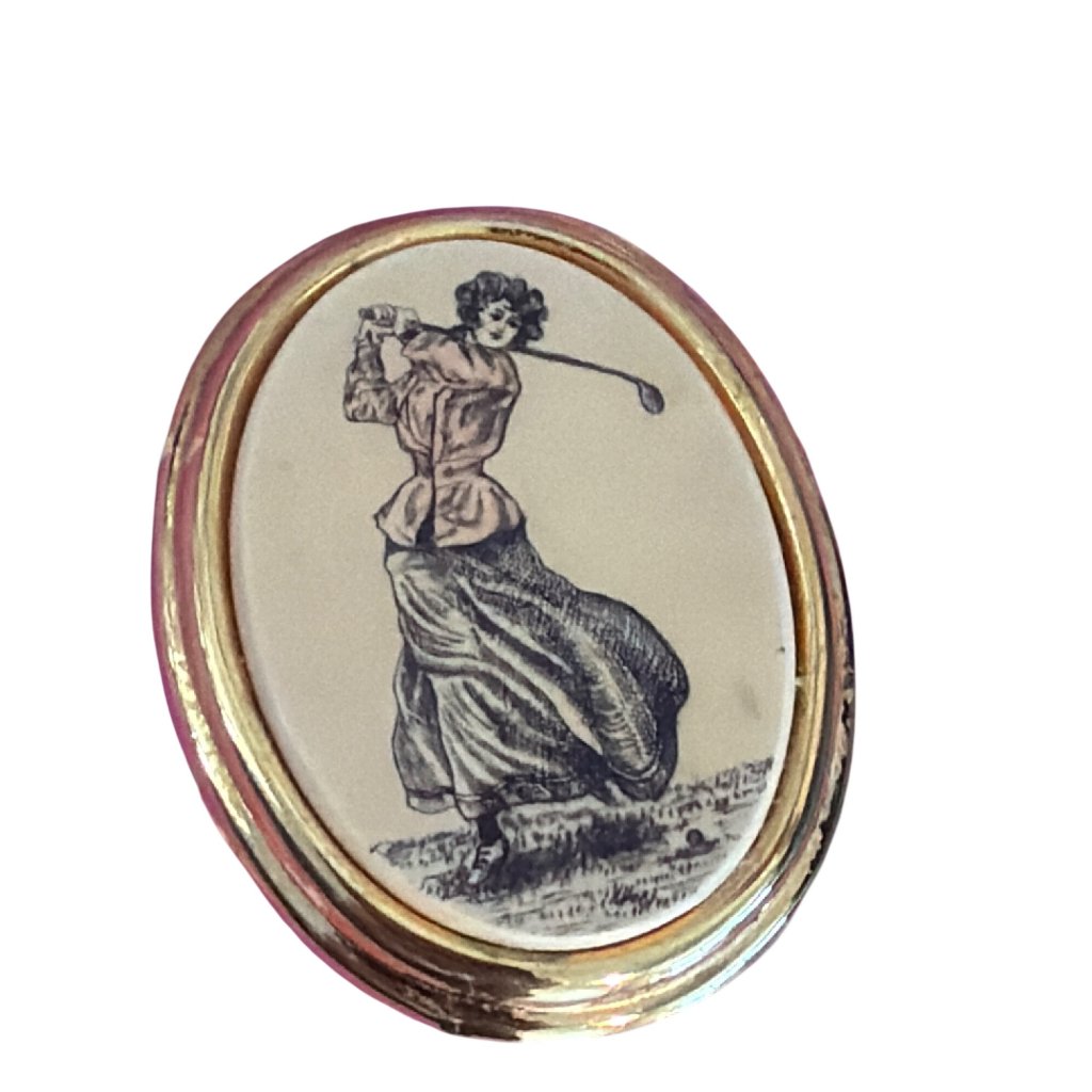 Vintage Barlow Lady Golfer Pin Brooch Pendant Gold Tone Signed Oval 1.5